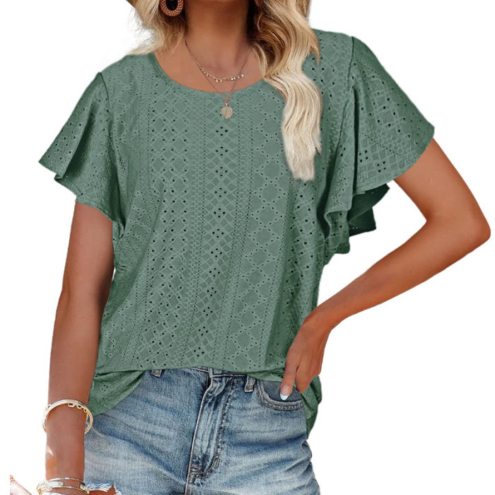 Fashion Solid Color Women's O Neck Elegant Casual  T-Shirts Top