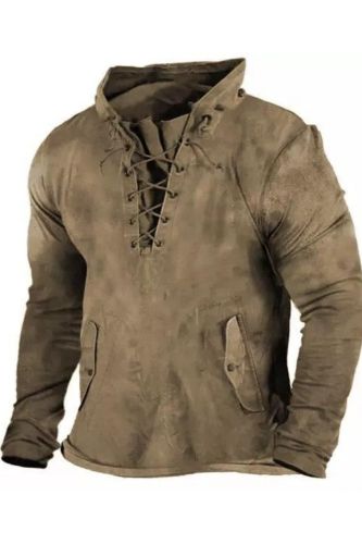 Mens Vintage Outdoor Tactical Lace-Up Sweatshirt Pullover