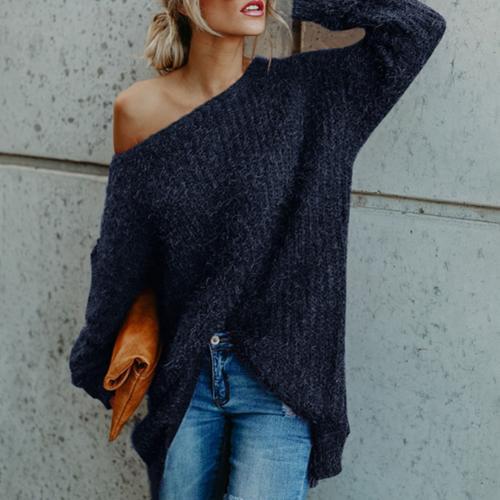 Sexy Off-Shoulder Knit Solid Color Loose Bell Sleeve Sweater