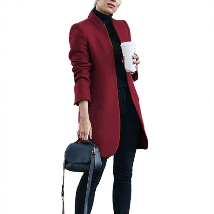 Fashion Autumn Solid Color Loose Stand Collar Wool Long Coat