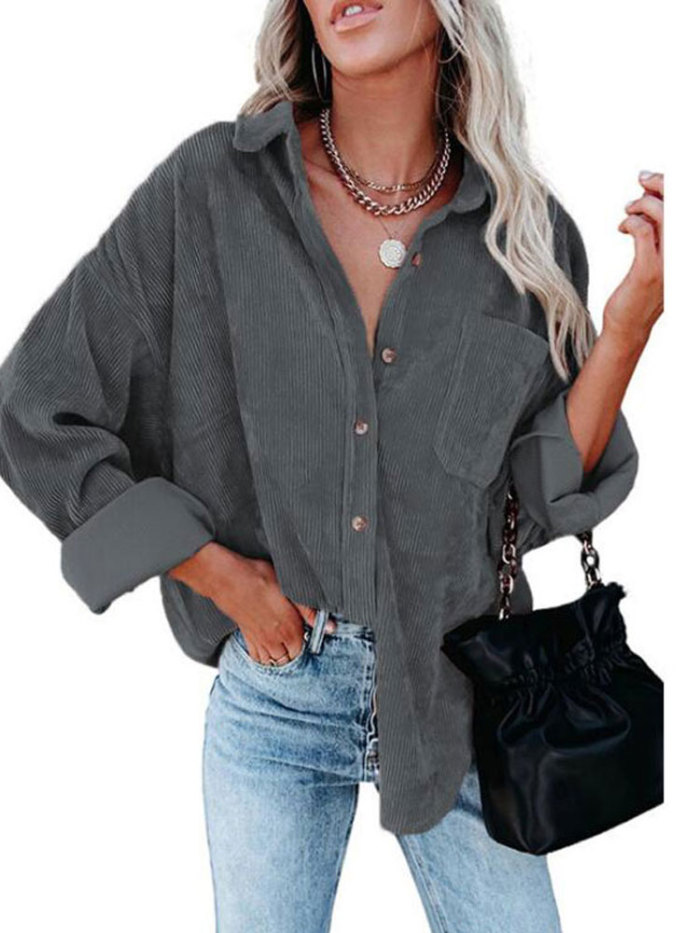 Fashionable Corduroy Shirt Button Solid Color Loose Jacket Shirts