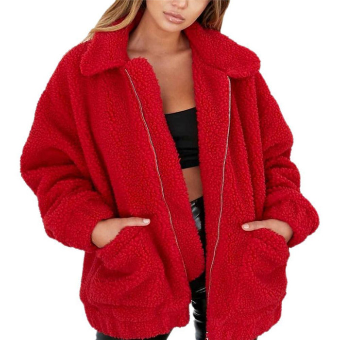 Autumn Winter Faux Fur Coat Women Khaki Casual Warm Soft Zipper Fur Jacket
