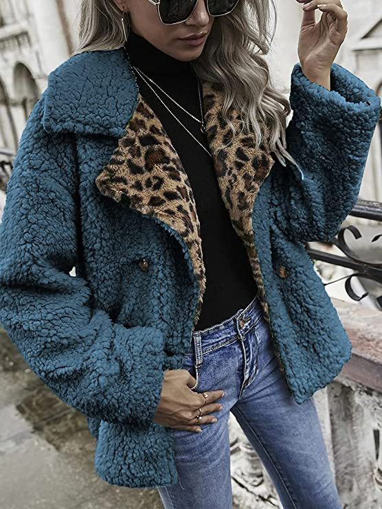 Contrasting Color Double Breasted Long Sleeve Ladies Casual Coats