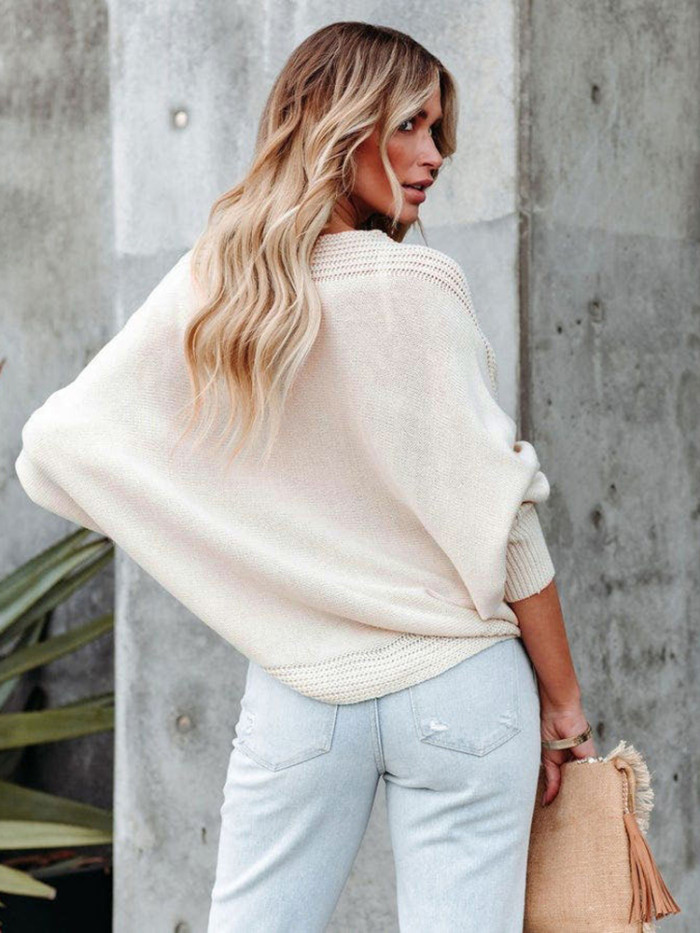Batwing Sleeve Oversized V Neck Loose Top Solid Color Fashion Sweater