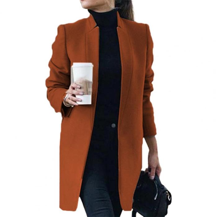 Women Wool Blend Stand Collar Solid Coat