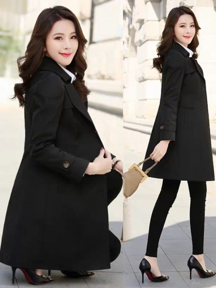 Ladies Fashion Button Slim Solid Color Loose Trench Coat