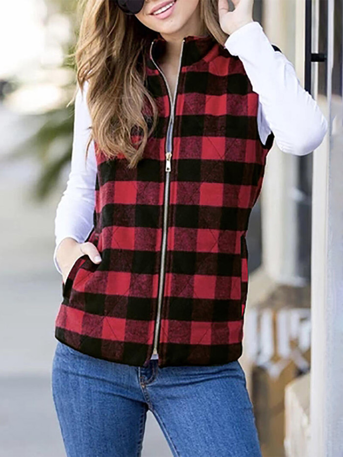 Fashion Loose Buffalo Plaid Zipper Jacket Coat Warm Vest Cardigans