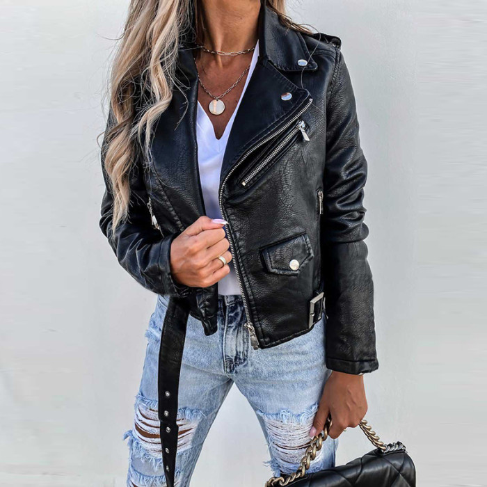 Fashion Slim Fit Women Collar PU Leather Long Sleeve Streetwear Jackets