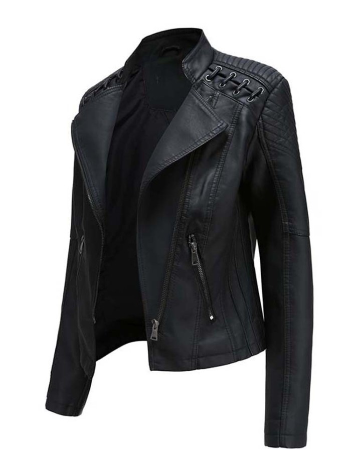 Trendy Pu Faux Leather Long Sleeve Zipper Jacket Top