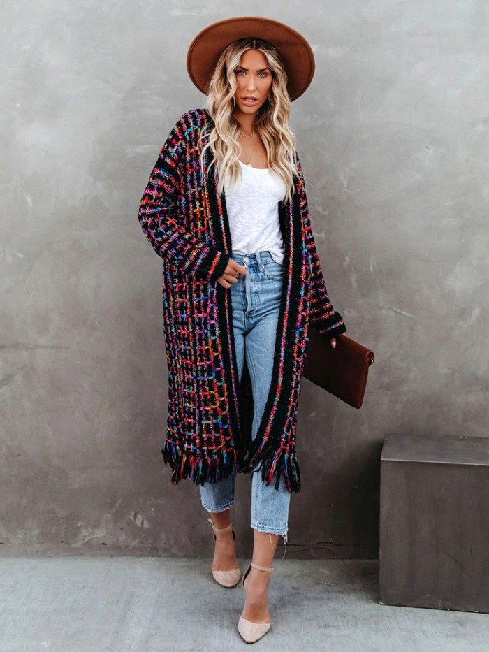 Fashion Bohemian Retro Tassel Color Slim Knit Cardigan