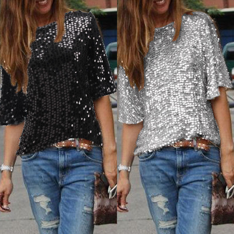 Fashion Ladies Elegant Silk Slant Neck Half Sleeves Casual Sequin  Blouses
