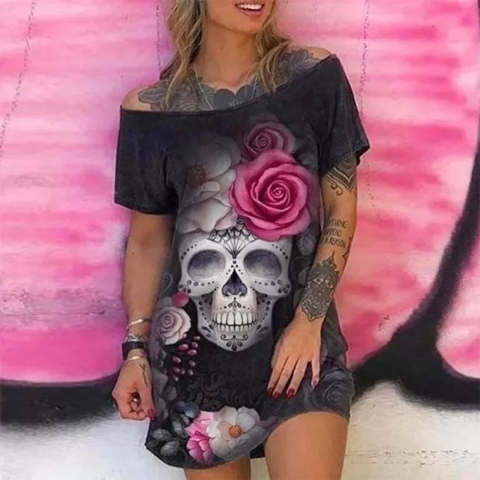 One-Shoulder Skull & Floral Creative Print Loose Vintage Women's T-Shirt