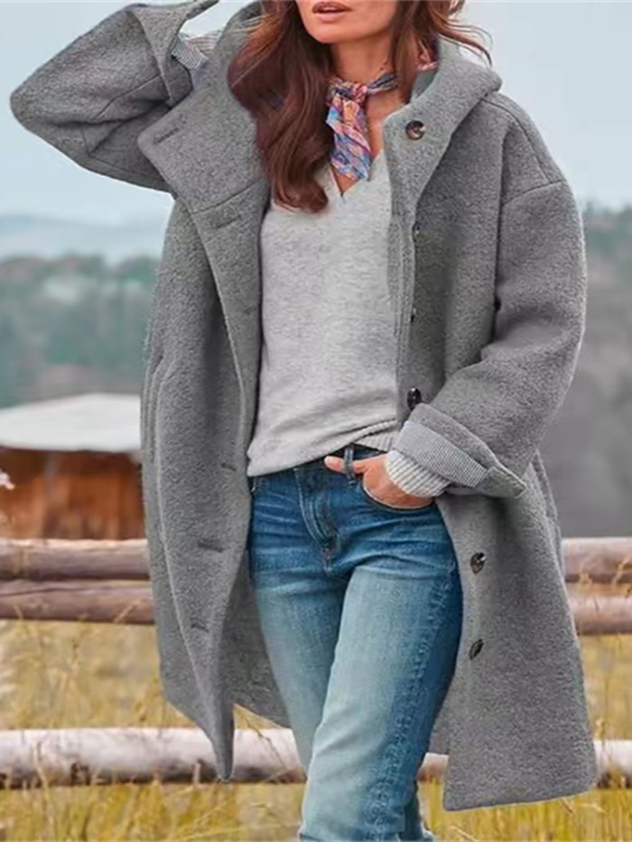 Women Wool Blends Fashion Long Sleeve Hooded Pocket Ladies Coats
