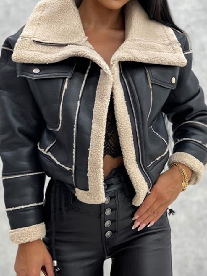 Women Long Sleeve Patchwork Zipper Turn-Down Collar Outerwear Streetwear Jackets