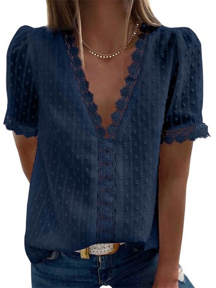 Fashion Short Sleeve Top V Neck Elegant Solid Color Casual Chic Blouses