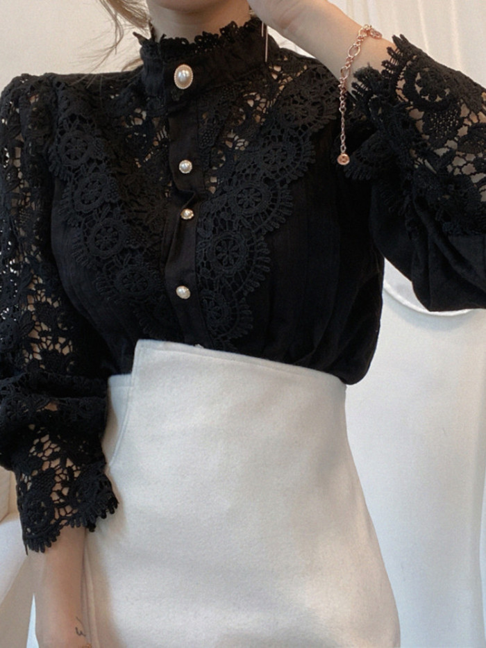 Sexy Lace Stitching Hollow Long Sleeve O-Neck Vintage Button  Blouses