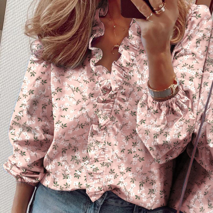 Women's Ruffle Stitching Fashion Printed Casual Loose  Blouses