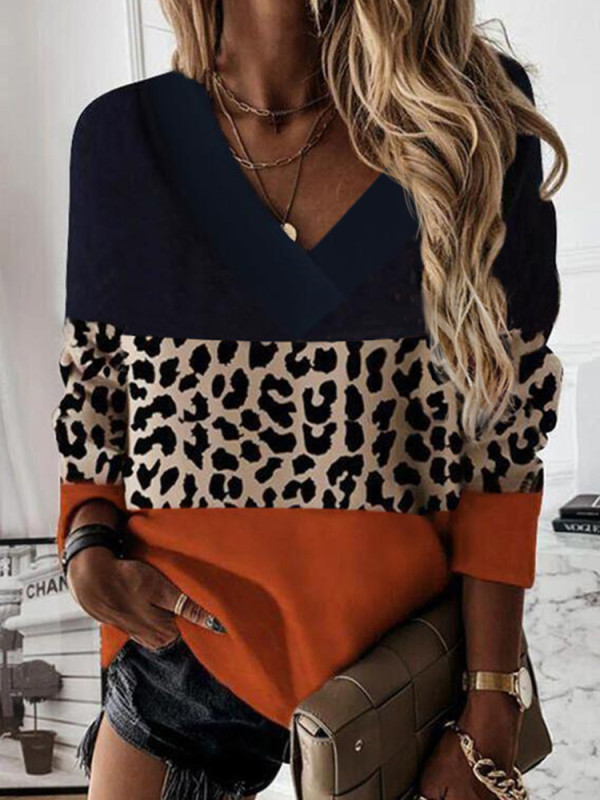 Women Casual Long Sleeve Leopard Color Block V Neck Pullover Sweatshirt