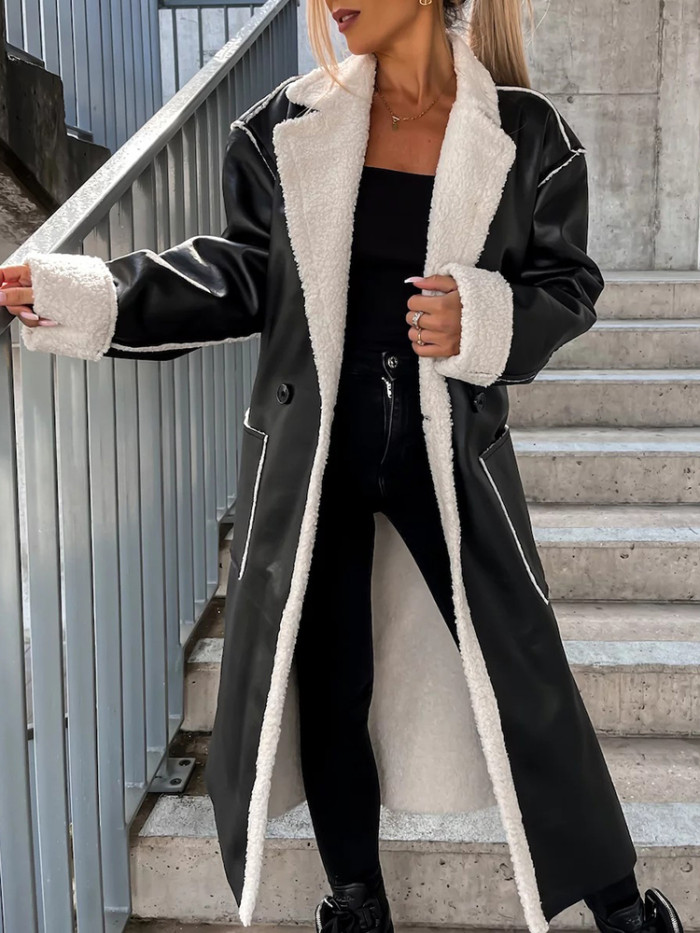 Women PU Leather Long Jacket Thick Warm Outerwear Solid Belt Streetwear Coats