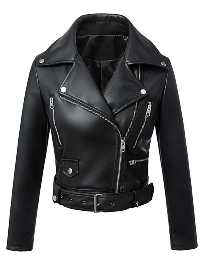 Women's Fashion Black Faux Leather Zipper Lapel Biker Jacket