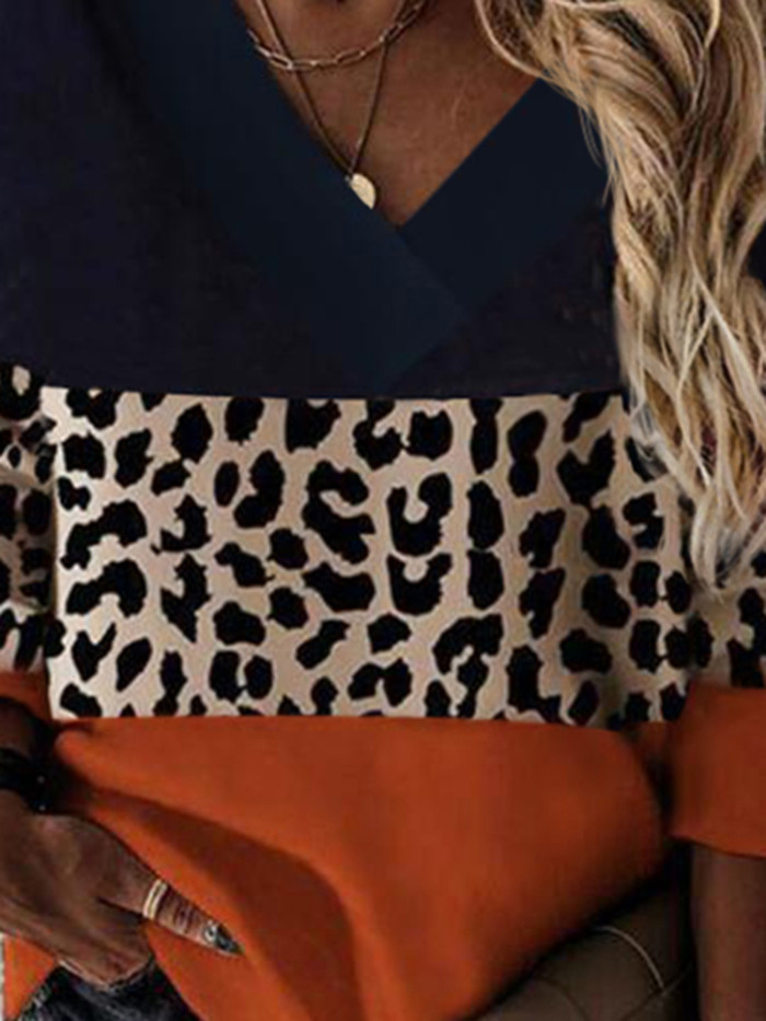 Women Casual Long Sleeve Leopard Color Block V Neck Pullover Sweatshirt