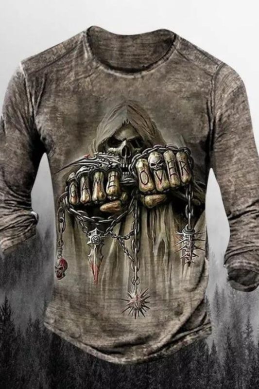 Mens Outdoor Halloween Scary Skull 3D Print Crew Neck Long Sleeve