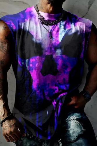 Metaverse & Skull Digital Abstract Creative Print Men's Casual Fashion Cap Sleeve Shirt