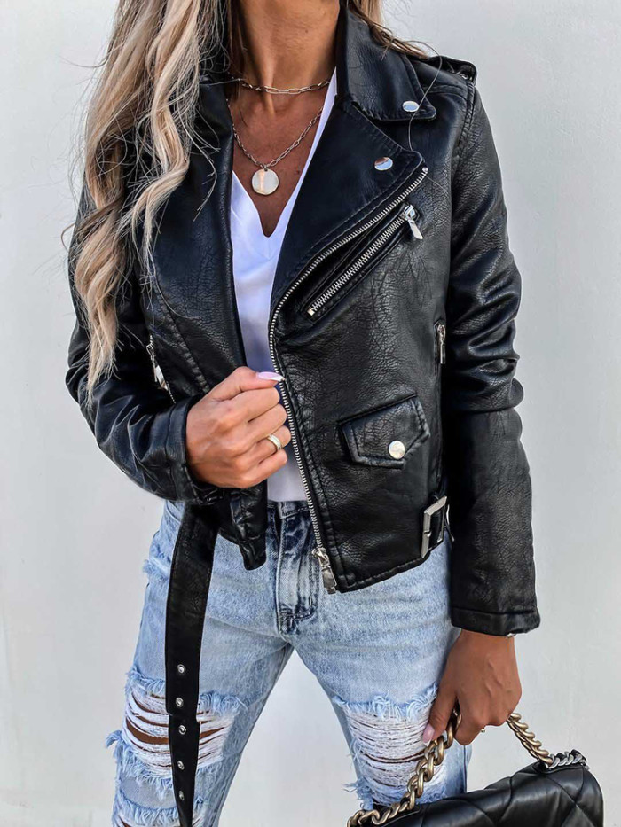 Fashion Slim Fit Women Collar PU Leather Long Sleeve Streetwear Jackets