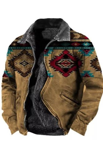 Men's Vintage Ethnic Print Zip Pocket Plush Lined Thermal Jacket