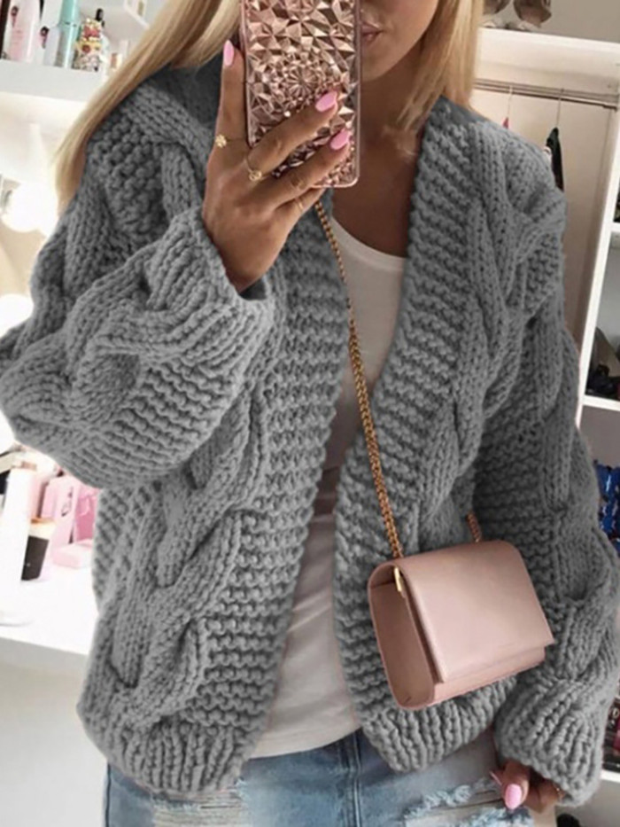 Fashion Retro Twist Sweater Knit Solid Color Slim Long Sleeve Cardigan