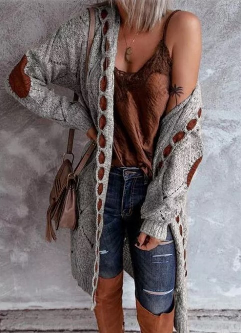 Fashion Loose Printed Mosaic Hooded Knitted Long-sleeved Cardigan