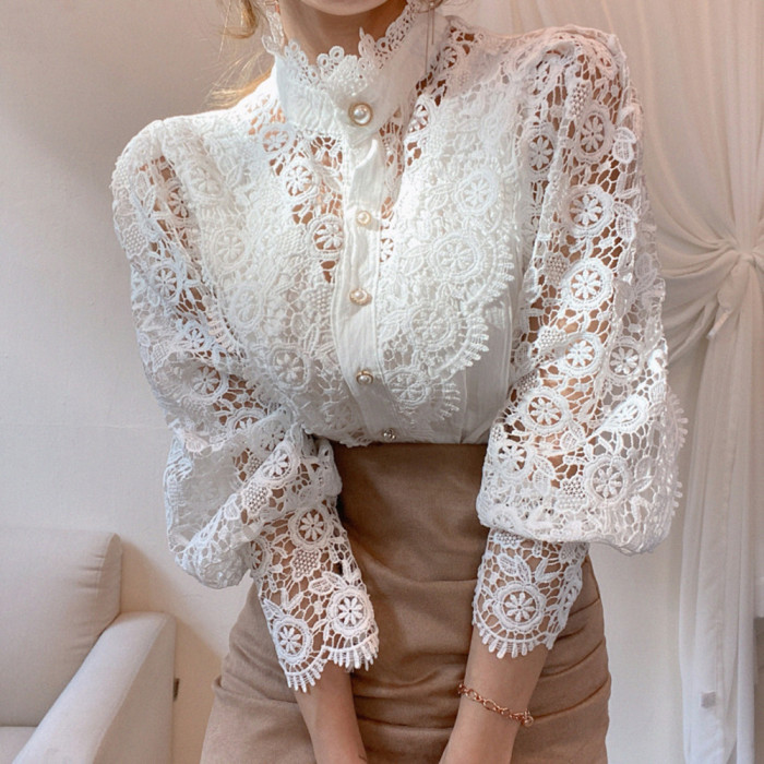 Sexy Lace Stitching Hollow Long Sleeve O-Neck Vintage Button  Blouses