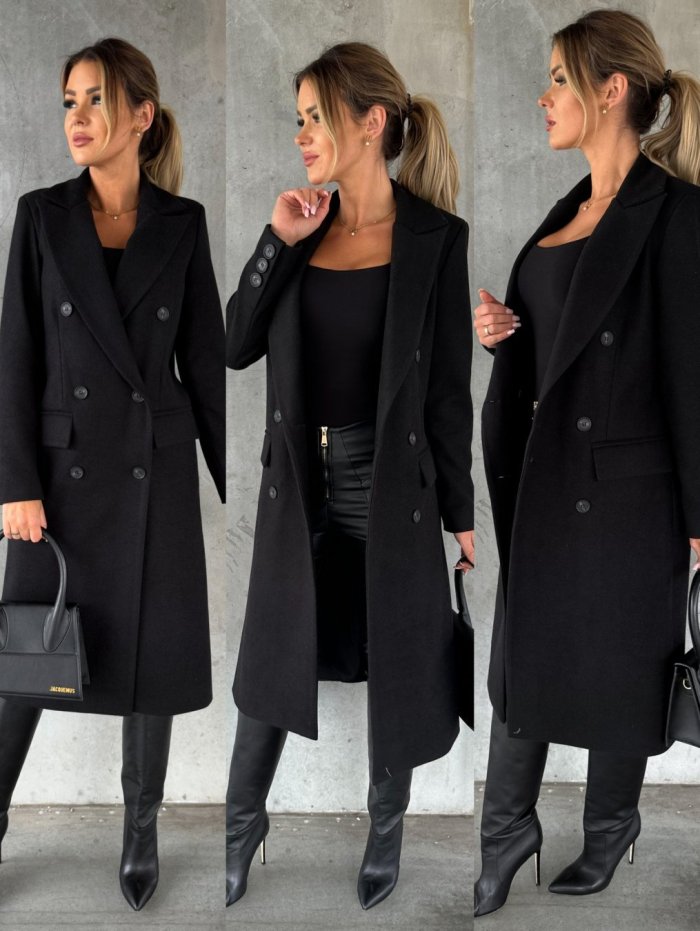 Fashion Simple Solid Color Long Sleeve Double Breasted Loose Wool Coat