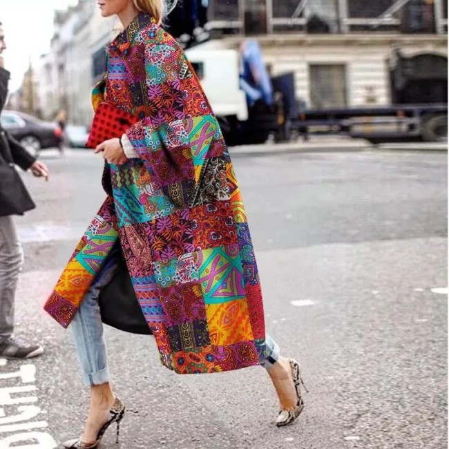 Women's Autumn Long Sleeve Lapel Printed Woolen Coats