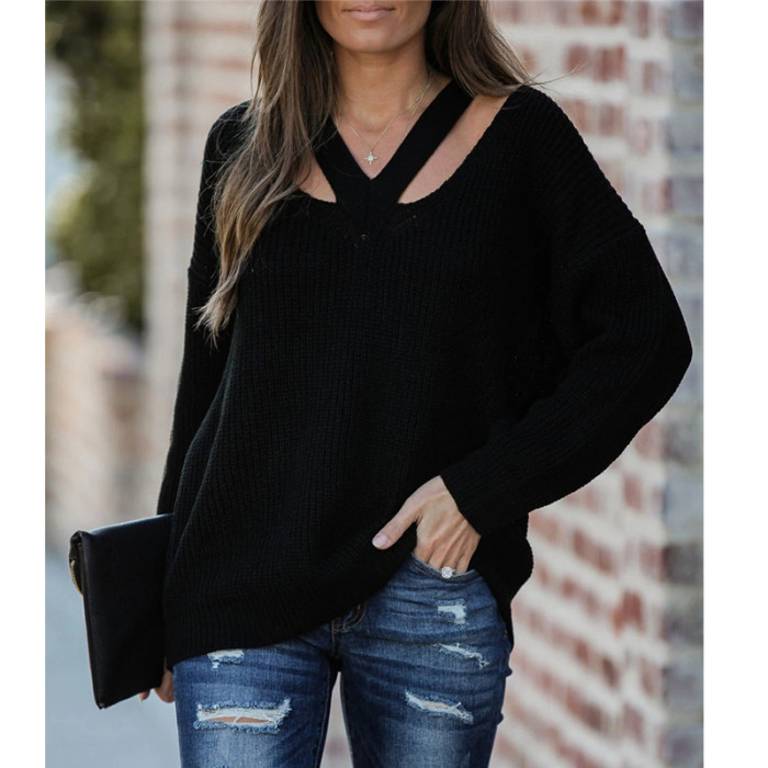 Trendy V Neck Casual Bohemian Oversized Long Sleeve Solid Color Sweater