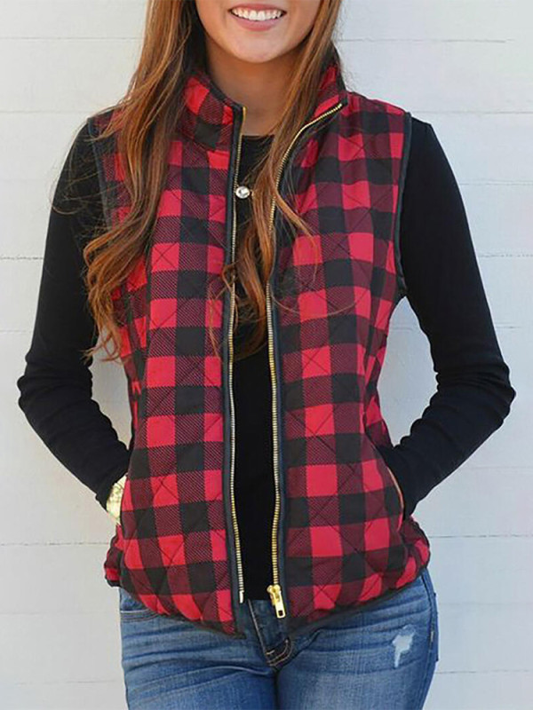 Fashion Loose Buffalo Plaid Zipper Jacket Coat Warm Vest Cardigans