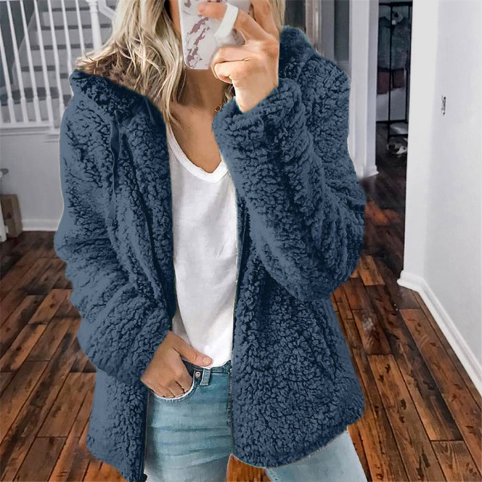 Fashion Long Sleeve Hooded Wool Warm Solid Color Loose Coat