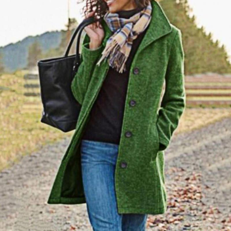 Cardigan Single Breasted Solid Color Lapel Long Sleeves Warm Mid Length Coat