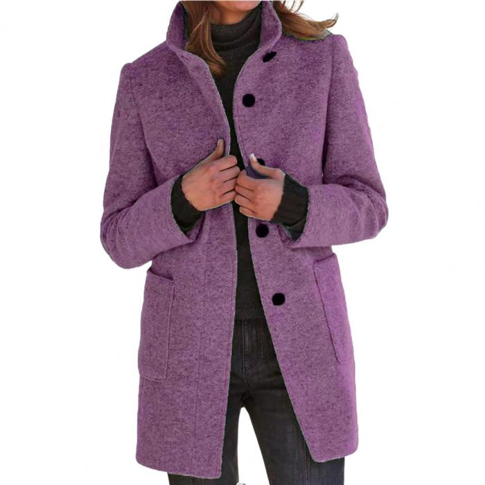 Women's Fashion Coat Stand Collar Solid Color Button Coat