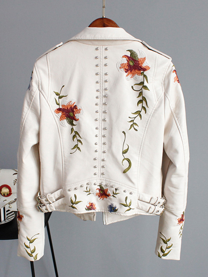 Trendy Floral Print Embroidered Faux Leather Pu Biker Jacket