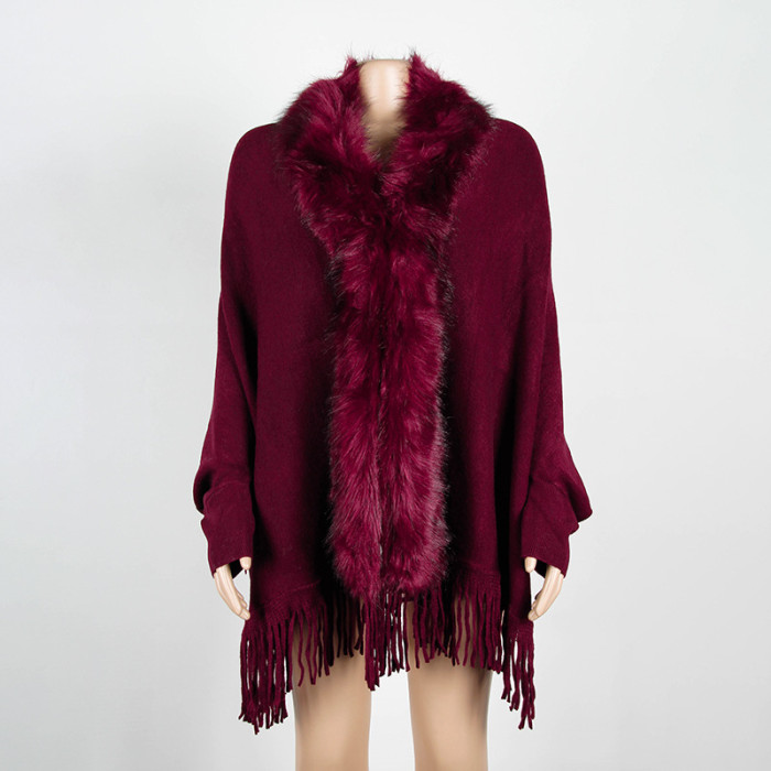 Fur Collar Winter Shawls And Wraps Bohemian Fringe Oversized Batwing Sleeve Cardigan