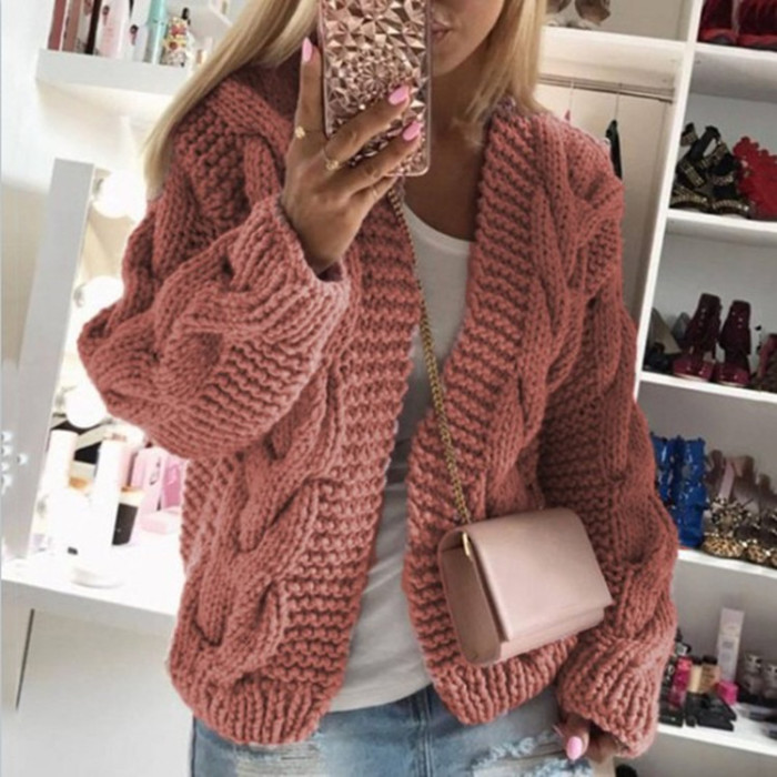 Fashion Retro Twist Sweater Knit Solid Color Slim Long Sleeve Cardigan