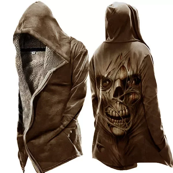 Mens Vintage Skull Print Tactical Zip Up Hooded Fleece Jacket