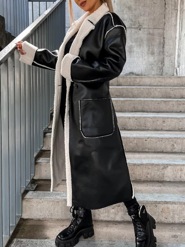 Women PU Leather Long Jacket Thick Warm Outerwear Solid Belt Streetwear Coats