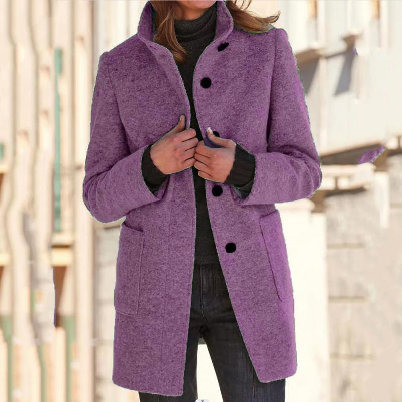Women's Fashion Coat Stand Collar Solid Color Button Coat