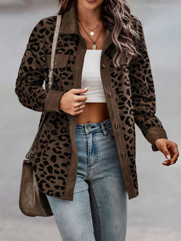 Trendy Leopard Jacket Corduroy Long Sleeve Loose Shirt  Coat