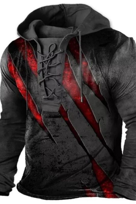 Men's Vintage Outdoor Tactical Lace-Up Hooded T-Shirt