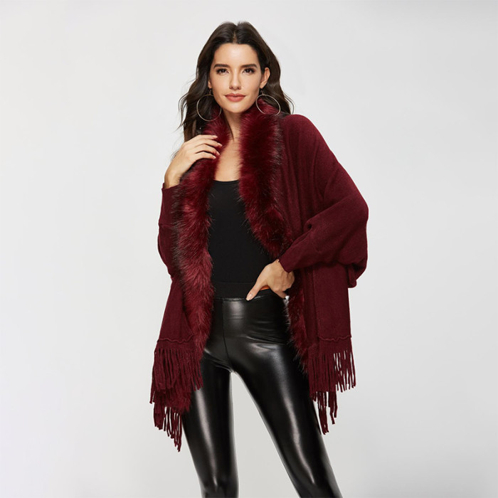 Fur Collar Casual Fashion Shawl Knitted Tassels Elegant Dolman Sleeve Cardigan