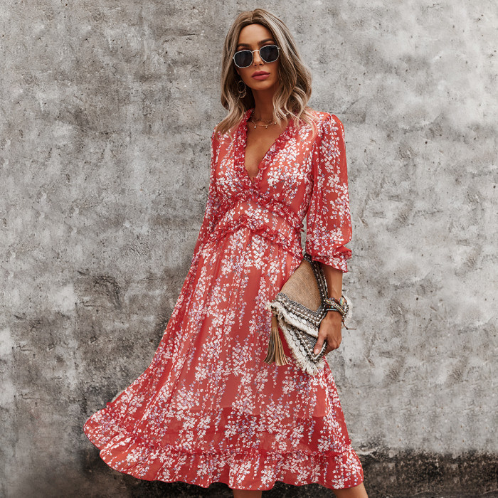 Sexy V-neck Floral Butterfly Sleeves High Waist Casual Print  Midi Dress