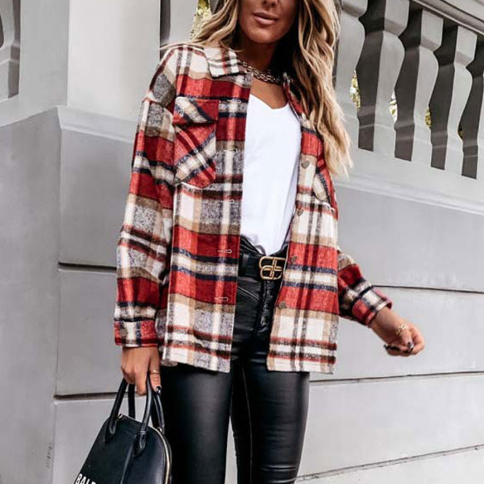 Women's Winter Plaid Print Loose Jacket Shirt Coat